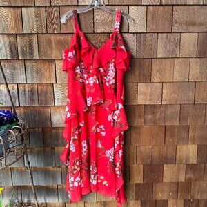 Taylor Cherry Red Floral Print Ruffled Midi Dress in Women's 14